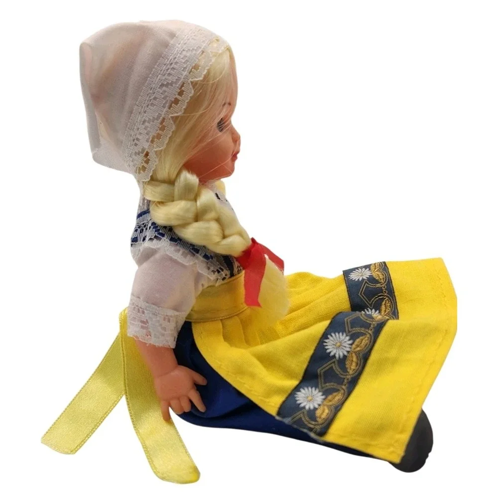 Vintage Girl Doll Braided Blonde Hair Folk Dress 7in Plastic Collectible